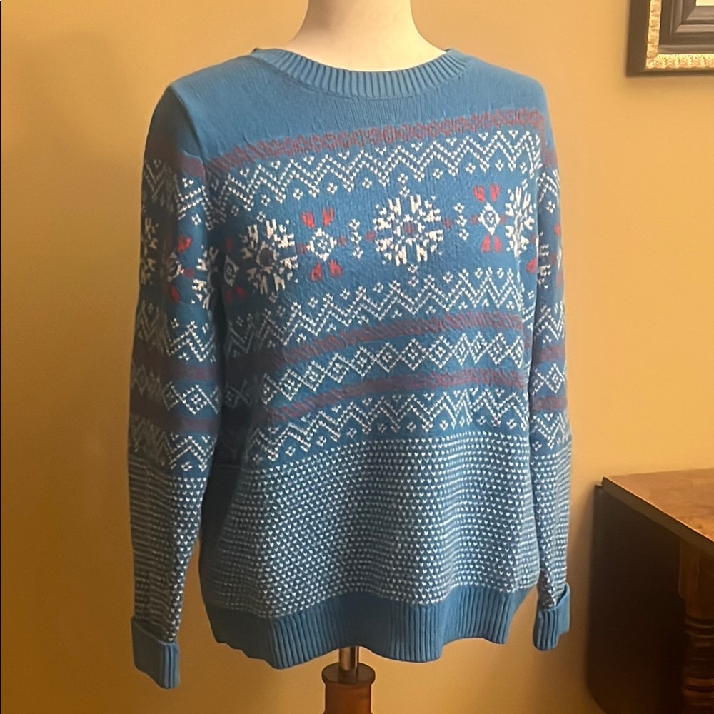 Blue Crewneck Sweater with Nordic Patterns
